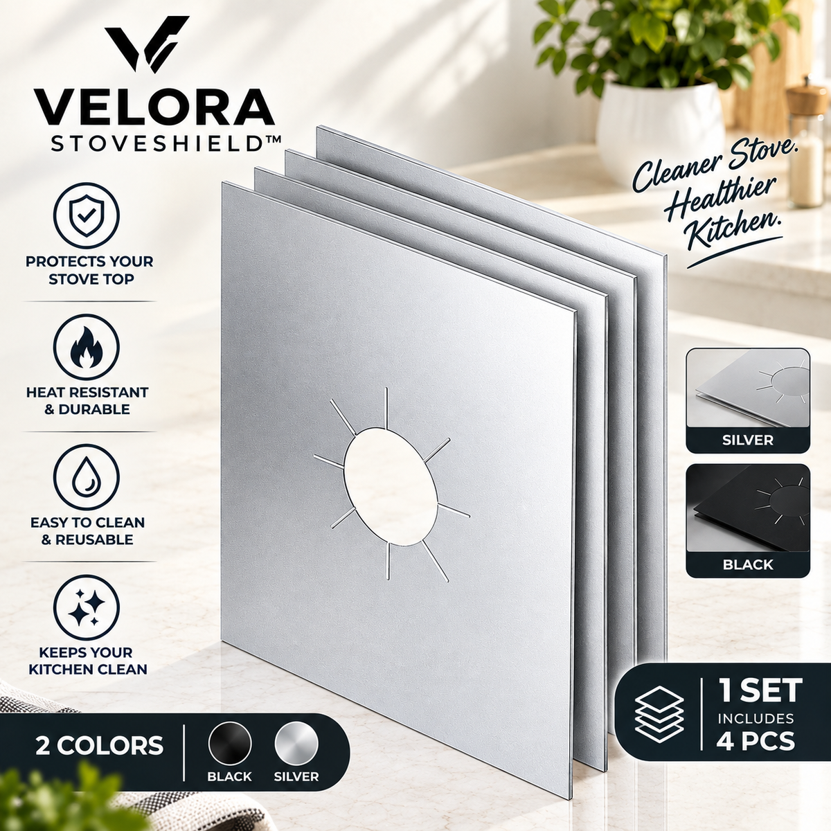 4-Piece Reusable Non-Stick Gas Stove Burner Covers – Heat-Resistant & Washable